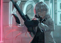Rule 34 | 1girl, artist name, assault rifle, belt, black gloves, black necktie, black shorts, blurry, blurry foreground, borrowed character, cigarette, coat, commentary, dreadtie, gloves, grey eyes, grey hair, gun, half-closed eyes, highres, holding, holding gun, holding magazine (weapon), holding weapon, long sleeves, magazine (weapon), mouth hold, necktie, neon lights, night, open clothes, open coat, original, rifle, shorts, signature, smoke, smoking, solo, weapon, white coat, zoya petrovna vecheslova