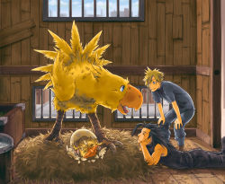 Rule 34 | 2boys, bird, black hair, black pants, black shirt, blonde hair, blue eyes, blue pants, blue shirt, boots, chick, chocobo, chocobo ranch, closed eyes, cloud strife, facial scar, feet out of frame, final fantasy, final fantasy vii, full body, hair between eyes, hair slicked back, hatching, head on hand, indoors, leaning forward, long hair, looking at another, lying, male focus, multiple boys, nest, on stomach, pants, scar, scar on cheek, scar on face, shirt, short hair, sideburns, sleeveless, sleeveless turtleneck, spiked hair, square enix, stable, torimaru-douhu, turtleneck, window, zack fair