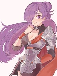Rule 34 | 1girl, armor, breasts, chimney (chimney0311), cleavage, commentary request, fire emblem, fire emblem: three houses, fire emblem warriors: three hopes, gauntlets, hair bun, hair over one eye, half updo, highres, long hair, medium breasts, nintendo, purple eyes, purple hair, shez (female) (fire emblem), shez (fire emblem), shoulder armor, simple background, smile, solo, white background
