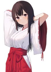 Rule 34 | 1girl, absurdres, arm up, arms behind head, blush, breasts, brown eyes, brown hair, closed mouth, commentary request, hakama, hakama skirt, highres, japanese clothes, kimono, long hair, looking at viewer, medium breasts, memekko, miko, original, red hakama, ribbon-trimmed sleeves, ribbon trim, short sleeves, simple background, skirt, solo, very long hair, white background, white kimono, wide sleeves