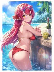 Rule 34 | 1girl, ass, back, bare shoulders, beach, bikini, blush, bottle, breasts, cloud, commentary request, day, earrings, eyewear on head, from side, hair ornament, hair ribbon, halterneck, heart, heart-shaped eyewear, heterochromia, highres, hololive, houshou marine, houshou marine (summer), jewelry, large breasts, lens flare, lips, long hair, looking at viewer, looking back, looking to the side, mirukurim, official alternate costume, outdoors, palm tree, partially submerged, red bikini, red eyes, red hair, red ribbon, revision, ribbon, sideboob, skindentation, skull cup, sky, solo, string bikini, sunglasses, swimsuit, thighs, tree, underboob, very long hair, virtual youtuber, water, wet, wine bottle, yellow eyes