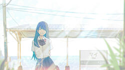 Rule 34 | 1girl, arms behind back, bag, black hair, black skirt, blue sky, bow, bowtie, closed eyes, collared shirt, cowboy shot, day, facing viewer, grin, high-waist skirt, highres, holding, holding behind back, horizon, lens flare, light rays, long hair, looking at viewer, ocean, oka kojiro, open mouth, original, outdoors, pleated skirt, power lines, red bow, red bowtie, scenery, school bag, school uniform, shirt, shirt tucked in, short sleeves, skirt, sky, smile, solo, straight-on, straight hair, teeth, train station platform, utility pole, white shirt
