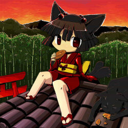 Rule 34 | 1girl, animal ears, bamboo, bamboo forest, black cat, brown hair, cat, cat ears, cat girl, cat tail, commentary request, eating, forest, hair bobbles, hair ornament, japanese clothes, kawachi yamato, long sleeves, multiple tails, nature, obi, on roof, original, red eyes, red footwear, red shirt, red shorts, sandals, sash, shirt, short hair, shorts, sitting, solo, sunset, tail, torii, two tails