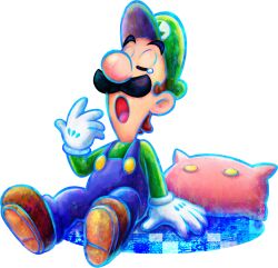Rule 34 | 1boy, artist request, big nose, blue outline, blue overalls, brown footwear, brown hair, buttons, cabbie hat, closed eyes, facial hair, full body, gloves, green hat, green sleeves, hand on ground, hand up, hat, highres, long sleeves, luigi, male focus, mario &amp; luigi: dream team, mario &amp; luigi rpg, mario (series), mustache, nintendo, official art, open mouth, outline, overalls, pillow, shoes, short hair, sitting, solo, tearing up, thick eyebrows, transparent background, very short hair, white gloves, yawning
