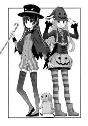 Rule 34 | 2girls, adjusting clothes, adjusting headwear, bird, blouse, boater hat, boots, candy, candy cane, capelet, closed mouth, coattails, commentary request, flats, food, garter straps, greyscale, halloween, halloween costume, hat, heel up, highres, holding, holding candy, holding food, jacket, junketsu sensen, kusano kouichi, long hair, long sleeves, looking at viewer, monochrome, multiple girls, open mouth, outside border, pantyhose, penguin, pumpkin pants, pumpkin skirt, shirt, side-by-side, smile, standing, striped clothes, striped legwear, striped thighhighs, thighhighs, vertical-striped clothes, vertical-striped legwear, vertical-striped thighhighs, witch hat