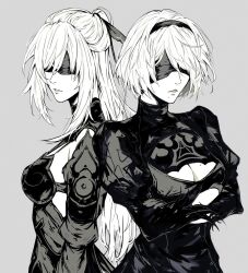 Rule 34 | 2b (nier:automata), 2girls, blindfold, breasts, chinese clothes, cleavage, cleavage cutout, clothing cutout, commentary, english commentary, greyscale, high ponytail, highres, honkai: star rail, honkai (series), jingliu (honkai: star rail), long hair, long sleeves, luxearte, medium breasts, mole, mole on breast, mole under mouth, monochrome, multiple girls, nier:automata, nier (series), parted lips, ponytail, short hair, upper body
