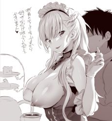 Rule 34 | 1boy, 1girl, azur lane, belfast (azur lane), braid, breast milk, breasts, chain, collar, cup, faceless, faceless male, grabbing, grabbing another&#039;s breast, grabbing from behind, hetero, lactating into container, lactation, large breasts, long hair, maid, maid headdress, monochrome, nipples, noripachi, one breast out, smile, teacup, tiered tray, translation request