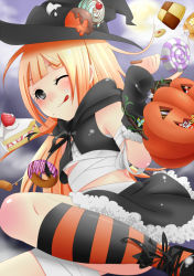Rule 34 | 1girl, bandages, blonde hair, blush, cake, candy, checkerboard cookie, cookie, doughnut, food, fruit, halloween, hat, kneehighs, original, patterned legwear, skirt, socks, strawberry, striped clothes, striped socks, witch, witch hat
