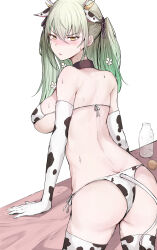 Rule 34 | 1girl, absurdres, alternate costume, animal ears, animal print, ass, back, bare shoulders, bikini, black choker, blush, bottle, breasts, ceres fauna, choker, commentary, cow ears, cow girl, cow horns, cow print, cow print bikini, cow tail, elbow gloves, english commentary, flower, from behind, glaring, gloves, green hair, hair flower, hair ornament, highres, hololive, hololive english, horns, large breasts, leaning on object, long hair, looking at viewer, looking back, milk bottle, narrowed eyes, print bikini, sak1 01, sideboob, solo, standing, sweat, swimsuit, tail, twintails, underboob, upper body, virtual youtuber, white background, white flower, yellow eyes