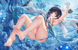 Rule 34 | 1girl, arm up, armpits, ass, bare arms, bare legs, bare shoulders, barefoot, black hair, blue eyes, breasts, feet, fingerless gloves, genshin impact, gloves, highres, legs, looking at viewer, short hair, soles, solo, swimsuit, those girls, toes, underwater, yelan (genshin impact)