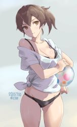Rule 34 | 10s, 1girl, ball, beachball, bikini, black bikini, breasts, brown eyes, brown hair, cleavage, cowboy shot, coz (commit), dated, gradient background, head tilt, kaga (kancolle), kantai collection, off shoulder, shirt, side ponytail, solo, strap gap, swimsuit, tied shirt, twitter username