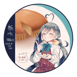 Rule 34 | 1girl, ahoge, aqua bow, aqua bowtie, blush, bow, bowtie, character name, cheesecake, closed mouth, collared shirt, dated, dress, food, food on face, fork, grey hair, heart, heart ahoge, holding, holding fork, holding plate, itomugi-kun, kantai collection, kiyoshimo (kancolle), long hair, long sleeves, multicolored hair, plate, pleated dress, purple dress, round image, shirt, smile, solo, tongue, tongue out, upper body, white shirt