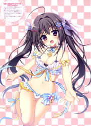 Rule 34 | 1girl, :d, absurdres, ahoge, anchor, ankle ribbon, bare shoulders, barefoot, black hair, blue bow, blush, bow, bow panties, bowtie, bra, breasts, cameltoe, checkered background, cleavage, collarbone, dengeki moeou, fang, feet, fingernails, flower, foreshortening, frilled bra, frills, hair bobbles, hair flower, hair intakes, hair ornament, hair ribbon, hairclip, head tilt, highres, leg ribbon, leg up, long fingernails, long hair, looking at viewer, matsumiya kiseri, medium breasts, navel, open mouth, outstretched arm, panties, purple eyes, purple ribbon, red bow, ribbon, scan, seashell, shell, smile, solo, standing, standing on one leg, stomach, striped bow, striped bowtie, striped clothes, striped neckwear, striped ribbon, tareme, thigh gap, toes, translation request, twintails, underwear, underwear only, white bow, white bra, white panties