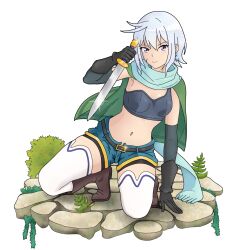 Rule 34 | 1girl, aqua scarf, bike shorts, bike shorts under shorts, boots, breasts, brown footwear, capelet, chris (konosuba), commentary, dage the evil, diamond earrings, earrings, facial scar, fighting stance, full body, gloves, green capelet, highres, holding, holding sword, holding weapon, jewelry, kneeling, kono subarashii sekai ni shukufuku wo!, looking at viewer, navel, purple eyes, scar, scar on cheek, scar on face, scarf, shoes, short hair, shorts, shorts under shorts, small breasts, solo, sword, thighhighs, transparent background, weapon