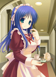 Rule 34 | 1girl, apron, blue hair, cup, dress, frills, green eyes, hallway, indoors, juliet sleeves, long hair, long sleeves, maid, maid apron, maid headdress, niwatoriya, original, puffy sleeves, red dress, ribbon, solo, sugar cube, teacup, teapot, tray, upper body