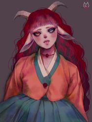 Rule 34 | 1girl, animal ears, black sclera, blue eyes, blunt bangs, choker, closed mouth, colored sclera, conyang 316, goat ears, goat girl, goat horns, grey background, hanbok, head tilt, heterochromia, highres, horizontal pupils, horns, korean clothes, korean commentary, lips, long hair, long sleeves, looking at viewer, makeup, original, red hair, simple background, snout, solo, upper body, wavy hair, yellow eyes