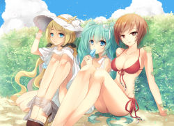 Rule 34 | 3girls, alternate hairstyle, aqua hair, bikini, blonde hair, blue eyes, bracelet, breasts, brown eyes, brown hair, bush, ceru, cloud, day, dress, food, food in mouth, girl sandwich, hand on headwear, hat, hatsune miku, high heels, jewelry, large breasts, lily (vocaloid), long hair, looking at viewer, meiko (vocaloid), multiple girls, outdoors, popsicle, red bikini, ribbon, sandwiched, shell, shoes, short hair, sitting, sky, smile, summer, sun hat, sundress, swimsuit, transparent, twintails, vocaloid, white dress