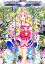 Rule 34 | 1girl, absurdres, blonde hair, blue flower, bow, choker, collarbone, crying, crying with eyes open, cure flora, dress, flower, gloves, go! princess precure, green eyes, haruno haruka, highres, long hair, magical girl, multicolored hair, outstretched arm, pink hair, precure, short sleeves, solo, standing, tears, two-tone hair, very long hair, waist bow, white gloves, yellow flower, yuutarou (fukiiincho)