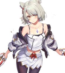 Rule 34 | 1girl, animal ears, athenawyrm, blush, breasts, camisole, cat ears, chest jewel, jacket, leggings, looking at viewer, mio (xenoblade), pantyhose, pleated skirt, short hair, shoulder strap, simple background, skirt, small breasts, solo, tank top, weapon, white camisole, white hair, white jacket, white skirt, white tank top, xenoblade chronicles (series), xenoblade chronicles 3, yellow eyes