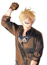 Rule 34 | 1boy, arm up, blonde hair, clenched hand, closed eyes, commentary request, dm 0820, gloves, goggles, goggles around neck, highres, male focus, one piece, sabo (one piece), scar, scar on face, shirt, short hair, simple background, sleeves rolled up, smile, solo, twitter username, upper body, veins, waistcoat, white background