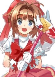 Rule 34 | 1990s (style), 1girl, antenna hair, bad id, bad twitter id, blue eyes, brown hair, cardcaptor sakura, dress, fuuin no tsue, glove bow, gloves, hat, highres, ise dango, kinomoto sakura, magical girl, md5 mismatch, open mouth, pink hat, resized, retro artstyle, short hair, simple background, sketch, smile, solo, white background, white gloves