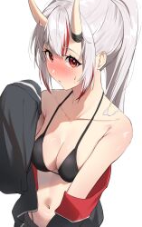Rule 34 | 1girl, absurdres, alternate costume, alternate hairstyle, bikini, black bikini, black jacket, blush, breasts, cleavage, closed mouth, commentary, cowboy shot, embarrassed, from above, from side, grey hair, highres, hololive, horns, jacket, long hair, looking at viewer, medium breasts, multicolored hair, nakiri ayame, navel, off shoulder, open clothes, open jacket, panda 0035, ponytail, red eyes, red hair, simple background, skin-covered horns, solo, streaked hair, string bikini, sweatdrop, swimsuit, two-sided fabric, two-sided jacket, two-tone hair, virtual youtuber, white background