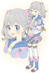 Rule 34 | 1girl, :d, absurdres, backpack, bag, blue eyes, blue footwear, blush, boots, closed mouth, donguri suzume, closed eyes, grey hair, hair ornament, handbag, hands up, highres, holding strap, hood, hooded jacket, jacket, looking at viewer, multiple views, open clothes, open jacket, open mouth, original, projected inset, shirt, skirt, smile, thighhighs, twintails, white eyes
