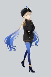 Rule 34 | 1boy, absurdres, black coat, black hat, blonde hair, blue hair, blue pantyhose, blunt bangs, captain nemo (fate), coat, commentary request, epaulettes, eyebrows hidden by hair, fate/grand order, fate (series), gradient hair, green eyes, grey background, hand on own chin, hat, hat feather, high heels, highres, long hair, long sleeves, male focus, military, military uniform, multicolored hair, nemo (fate), ninjin (ne f g o), pantyhose, shorts, simple background, solo, thinking, turban, twintails, uniform, very long hair