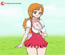 Rule 34 | 1girl, animated, animated gif, ass, bouncing breasts, breasts, breasts out, brown eyes, cloud, cowboy shot, dress, earrings, female focus, from behind, grass, jewelry, large breasts, low twintails, nami (one piece), nami (one piece) (whole cake island), nature, nipples, no bra, one eye closed, one piece, orange hair, outdoors, panties, patreon username, pink panties, pinkpawg, sky, smile, solo, standing, thighs, twintails, underwear, wide hips, wink