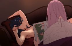 Rule 34 | 2girls, arm up, black hair, blouse, blue eyes, closed mouth, clothed female nude female, couch, dinosaur costume, drawing, gridman universe, hand up, highres, light blush, long hair, looking at another, lying, modeling, multiple girls, nude, nude modeling, on back, on couch, parody, pink hair, s9muu, scene reference, seigaiha, shinjou akane, shirt, ssss.gridman, takarada rikka, titanic (movie), white shirt, yuri