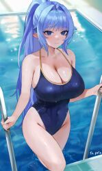 Rule 34 | 1girl, absurdres, bare shoulders, blue eyes, blue hair, blue one-piece swimsuit, breasts, cleavage, closed mouth, collarbone, commentary request, commission, covered navel, from above, gompang 11, hair intakes, highleg, highleg swimsuit, highres, korean commentary, large breasts, long hair, looking at viewer, one-piece swimsuit, original, pointy ears, ponytail, pool, pool ladder, poolside, sidelocks, smile, solo, swimsuit