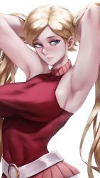 Rule 34 | 1girl, absurdres, armpits, arms behind head, belt, blonde hair, blue eyes, bluecup, commission, covered navel, gamia q, highres, looking at viewer, mazinger (series), mazinger z, pixiv commission, pleated skirt, simple background, skirt, sleeveless, solo, twintails, white background