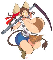 Rule 34 | 1girl, animal print, borrowed character, breasts, brown hair, cleavage, cow girl, cow print, denim, denim shorts, gigantic breasts, grin, highres, horns, long hair, original, scythe, short shorts, shorts, simple background, smile, solo, sukimi, theycallhimcake, thighs, white background, yellow eyes