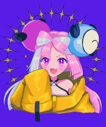 Rule 34 | 1girl, :d, blush, character hair ornament, commentary request, creatures (company), game freak, grey hair, hair ornament, hand up, iono (pokemon), jacket, long hair, looking at viewer, misaki emiru, multicolored hair, nintendo, open mouth, pink hair, pokemon, pokemon sv, purple background, purple eyes, shirt, sleeveless, sleeveless shirt, sleeves past fingers, sleeves past wrists, smile, solo, sparkle, star (symbol), star in eye, symbol in eye, two-tone hair, upper body, yellow jacket