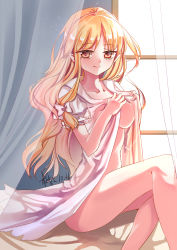 Rule 34 | 1girl, absurdres, blonde hair, bow, breasts, curtains, dated, hair bow, hair ornament, highres, kirisame marisa, light particles, long hair, looking at viewer, nightgown, on bed, open clothes, puffy sleeves, red eyes, short sleeves, signature, sitting, smile, solo, touhou, transparent, vioro, window