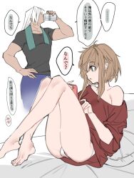 Rule 34 | 1boy, 1girl, ahoge, aqua eyes, bare legs, barefoot, beer can, brown hair, can, cellphone, closed mouth, collarbone, commentary request, crossed legs, drink can, drinking, eyelashes, feet, full body, hands up, highres, holding, knees up, legs, long hair, medium hair, no pants, off shoulder, original, panties, phone, red shirt, shirt, simple background, single bare shoulder, sketch, smartphone, t-shirt, taka oedo, thighs, toenails, toes, translation request, underwear, white hair, white panties