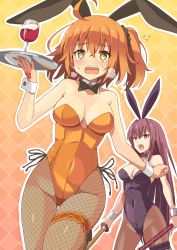 Rule 34 | 2girls, ahoge, alcohol, animal ears, argyle, argyle background, argyle clothes, bare shoulders, blush, breasts, cleavage, covered navel, cup, detached collar, drinking glass, fake animal ears, fate/grand order, fate (series), fishnet legwear, fishnets, fujimaru ritsuka (female), gae bolg (fate), gradient background, hair between eyes, highres, large breasts, leotard, long hair, medium breasts, multiple girls, official alternate costume, one side up, orange background, orange eyes, orange hair, orange leotard, pantyhose, playboy bunny, polearm, purple hair, purple leotard, rabbit ears, red eyes, scathach (fate), scathach (piercing bunny) (fate), shimouki izui, spear, strapless, strapless leotard, sword, tearing up, tray, wavy mouth, weapon, wine, wine glass, wooden sword, wrist cuffs