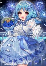 Rule 34 | 1girl, :d, aerial fireworks, aizawa yuma, blue bow, blue flower, blue hair, blue rose, blue skirt, blush, bouquet, bow, braid, center frills, commentary request, dog, eyebrows hidden by hair, fireworks, flower, frilled skirt, frills, gloves, hair bow, hair flower, hair ornament, highres, holding, holding bouquet, iriam, juliet sleeves, karokuchitose, long hair, long sleeves, looking at viewer, night, official art, open mouth, puffy sleeves, railing, red eyes, rose, see-through, see-through sleeves, shirt, skirt, smile, solo, teeth, upper teeth only, virtual youtuber, white bow, white flower, white gloves, white shirt