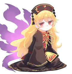 Rule 34 | 1girl, aura, black dress, blonde hair, chinese clothes, commentary request, crescent, dress, highres, junko (touhou), kibisake, long hair, long sleeves, orange tabard, phoenix crown, red eyes, ribbon, simple background, sleeves past fingers, sleeves past wrists, tabard, touhou, very long hair, white background, wide sleeves, yellow ribbon