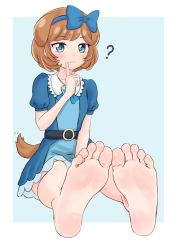 Rule 34 | 1girl, animal ears, barefoot, blue eyes, blush, dog ears, dog girl, dog tail, feet, foot focus, highres, hinosaki, sitting, smile, soles, solo, tail, toes