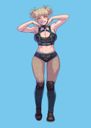Rule 34 | 1girl, absurdres, alexa bliss, alexa bliss (cosplay), armpits, bare shoulders, blonde hair, blue background, blunt bangs, boku no hero academia, breasts, choker, cirenk, cleavage, commission, cosplay, crop top, double bun, full body, hair bun, highres, large breasts, looking at viewer, midriff, muscular, muscular female, navel, pantyhose, parted lips, short shorts, shorts, simple background, sleeveless, smile, solo, standing, teeth, toga himiko, wrestling outfit, yellow eyes