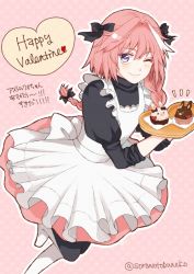 Rule 34 | 1boy, apron, astolfo (fate), blush, braid, candy, dress, fate/apocrypha, fate/grand order, fate (series), food, hair ribbon, long hair, looking at viewer, maid, male focus, one eye closed, pink hair, purple eyes, ribbon, simple background, single braid, solo, srnk, trap, white hair