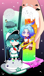 Rule 34 | 2girls, :o, anchor, animal, aqua eyes, aqua hair, bird, blue eyes, blue hair, boots, cherry, chibi, cloud, cup, drink, drinking glass, drinking straw, facial hair, fish, floating hair, food, fruit, glass, gradient background, hand on glass, hat, hat ornament, highres, hood, hoop, ice, ice cube, jewelry, kesa, knees up, kumoi ichirin, kunitori, looking at another, multiple girls, murasa minamitsu, mustache, nun, seafloor, ponytail, ring, sailor, sailor collar, sailor hat, shorts, smile, standing, submerged, touhou, underwater, unzan