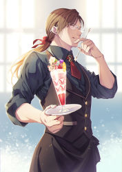 Rule 34 | 1boy, blue shirt, brown hair, glasses, hair ribbon, hand up, highres, holding, holding plate, holding spoon, jade curtiss, long hair, low ponytail, necktie, plate, red eyes, red necktie, red ribbon, ribbon, shirt, shuragyoku mami, solo, spoon, tales of (series), tales of the abyss, tongue, tongue out