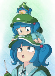 Rule 34 | aged down, baby, bad id, bad pixiv id, beans, blue eyes, blue hair, blush, face, female focus, hair bobbles, hair ornament, hat, kawashiro nitori, mini person, minigirl, multiple girls, multiple persona, open mouth, pacifier, screwdriver, short hair, sleeping, spacezin, touhou, twintails, two side up