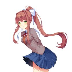 Rule 34 | arms behind back, blue skirt, bow, brown hair, doki doki literature club, game cg, green eyes, long hair, monika (doki doki literature club), official art, satchely, skirt, smile, solo, tagme, transparent background, white bow