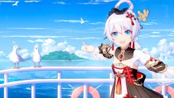 Rule 34 | 1girl, :d, bird, blue eyes, blue sky, boat, breasts, chinese clothes, cloud, cloudy sky, hair between eyes, hair ornament, highres, honkai (series), honkai impact 3rd, index finger raised, island, looking at viewer, ocean, open mouth, outdoors, pointing, seagull, sky, sleeveless, small breasts, smile, solo, theresa apocalypse, third-party source, watercraft, white hair, zhuge kongming (honkai impact)
