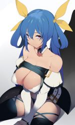 Rule 34 | 1girl, absurdres, armpit crease, armpit peek, bad id, bad pixiv id, bare shoulders, belt, black panties, black thighhighs, blue hair, breasts, choker, cleavage, cleavage cutout, clothing cutout, collarbone, covered erect nipples, detached sleeves, dizzy (guilty gear), eyelashes, from above, guilty gear, guilty gear xrd, hair between eyes, hair ribbon, hair rings, highres, large breasts, long hair, looking at viewer, looking up, midriff, minma, monster girl, no wings, panties, red eyes, ribbon, shadow, simple background, sitting, skindentation, solo, tail, thick thighs, thigh gap, thighhighs, thighs, twintails, underwear, yellow ribbon