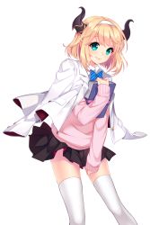 Rule 34 | 1girl, aqua eyes, blonde hair, blue ribbon, book, frilled skirt, frills, highres, holding, holding book, horns, looking at viewer, official art, patricia (soccer spirits), pointy ears, ribbon, school uniform, shirahane nao, short hair, skirt, soccer spirits, striped ribbon, sweater, thighhighs, transparent background, white thighhighs