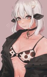 Rule 34 | 1girl, absurdres, animal ears, animal print, armpit crease, aster drawing, bare shoulders, bell, bikini, bikini top only, black choker, black coat, blush, brown background, choker, coat, collarbone, covered erect nipples, cow ears, cow girl, cow horns, cow print, hair between eyes, heart, highres, horns, jewelry, medium hair, multicolored hair, navel, neck bell, necklace, o-ring, o-ring top, original, pink eyes, pink hair, ribs, signature, simple background, solo, swimsuit, white hair
